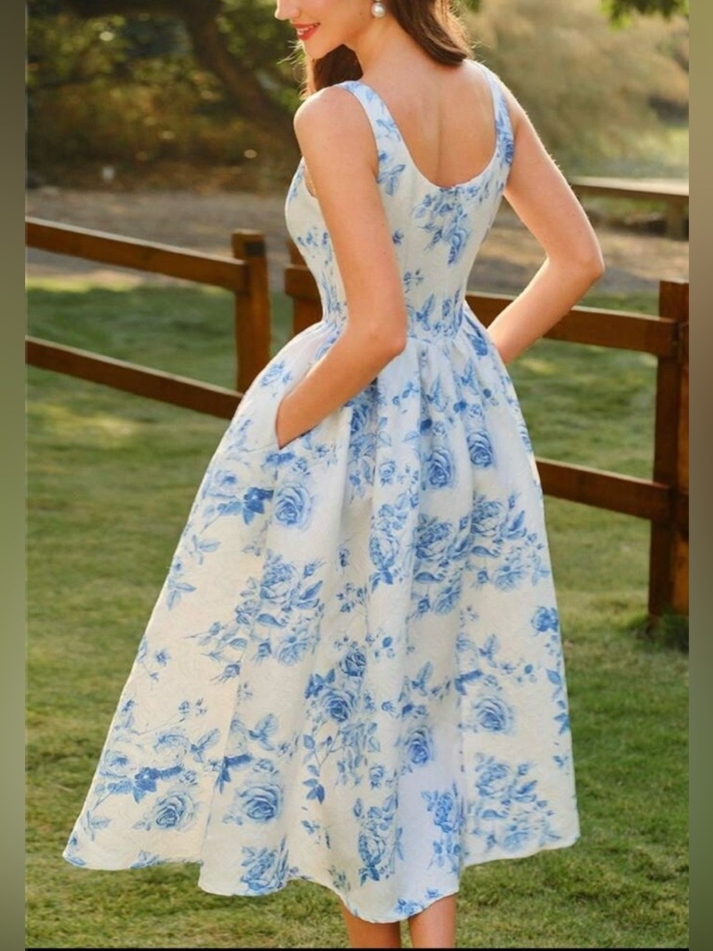 $25 Blue Floral Square-Neck Midi Dress - Elegant Women's Summer Dress New $25 - Picture 6 of 8